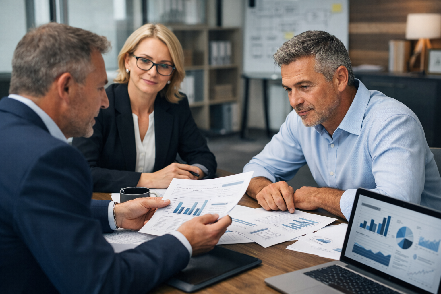 Business owner and advisers reviewing financial strategy during business expansion