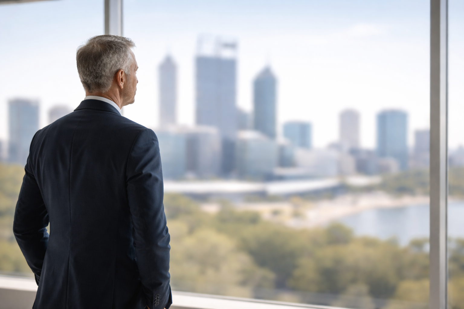 Business owner looking out over a city skyline while considering long-term business strategy